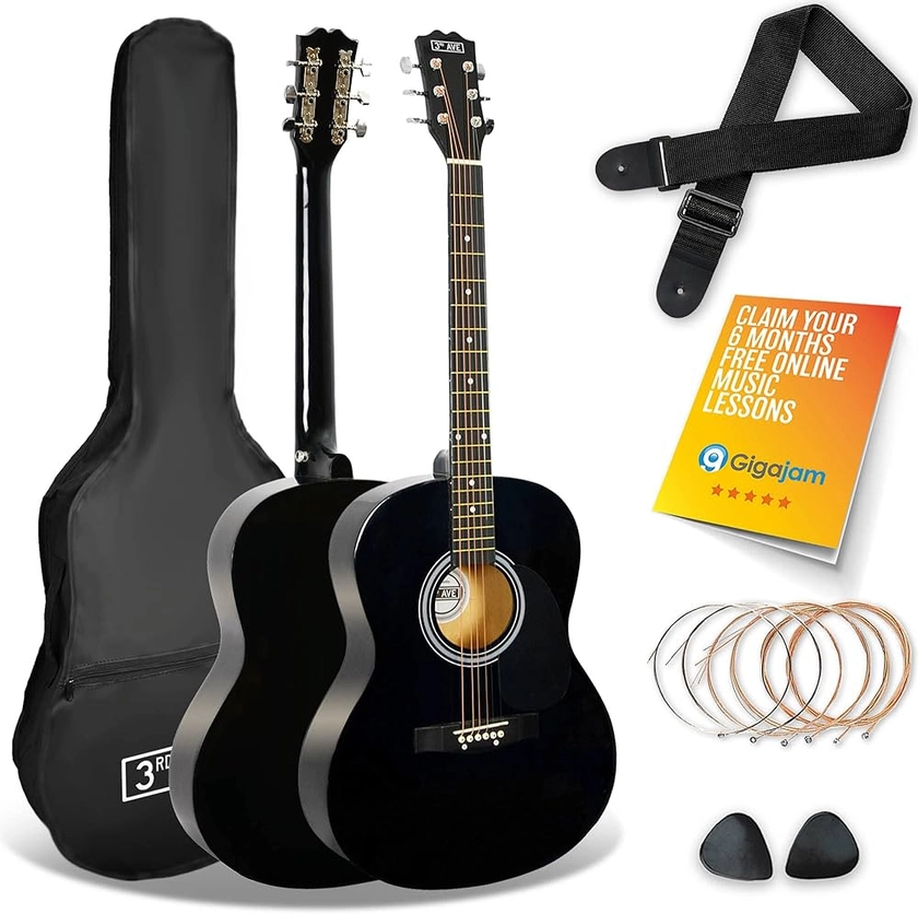 3rd Avenue Full Size 4/4 Acoustic Guitar Steel String Pack Bundle for Beginners - 6 Months FREE Lessons, Bag, Picks and Spare Strings - Black