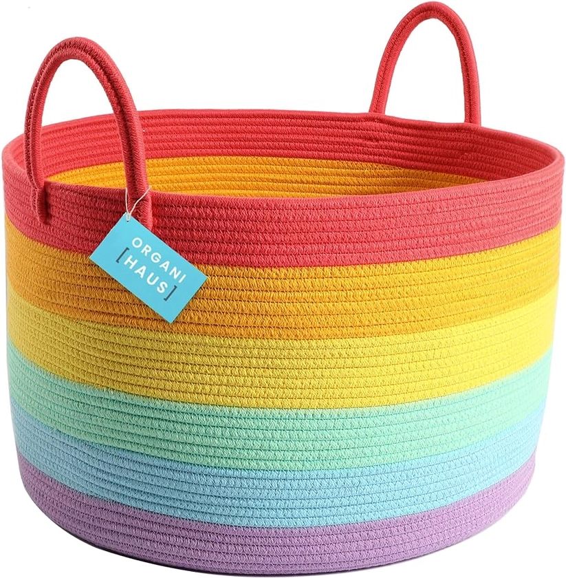 OrganiHaus Rainbow Extra Large Cotton Rope Storage Basket w/Handles 50x33cm Colorful Unicorn Decor Kids Toy Storage Baskets for Organizing | Rainbow Basket for Nursery Playroom Classroom Organization
