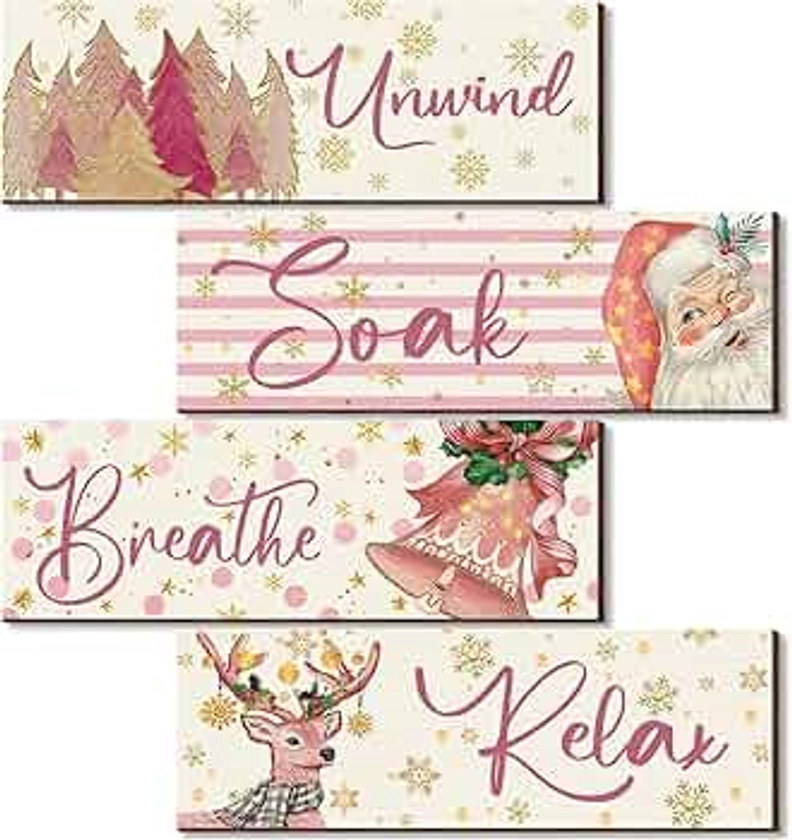 Huwena 4 Pcs Christmas Bathroom Wall Decor Wooden Wall Art Pink Vintage Christmas Wood Hanging Sign Santa Claus Christmas Tree Reindeer Bell for Christmas Winter Home Living Room Spa Bathroom Toilet