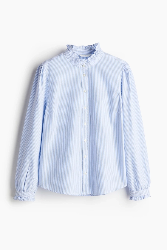 Blouse Oxford volantée - Manches longues - Longueur classique - Bleu clair/rayé - FEMME | H&M FR