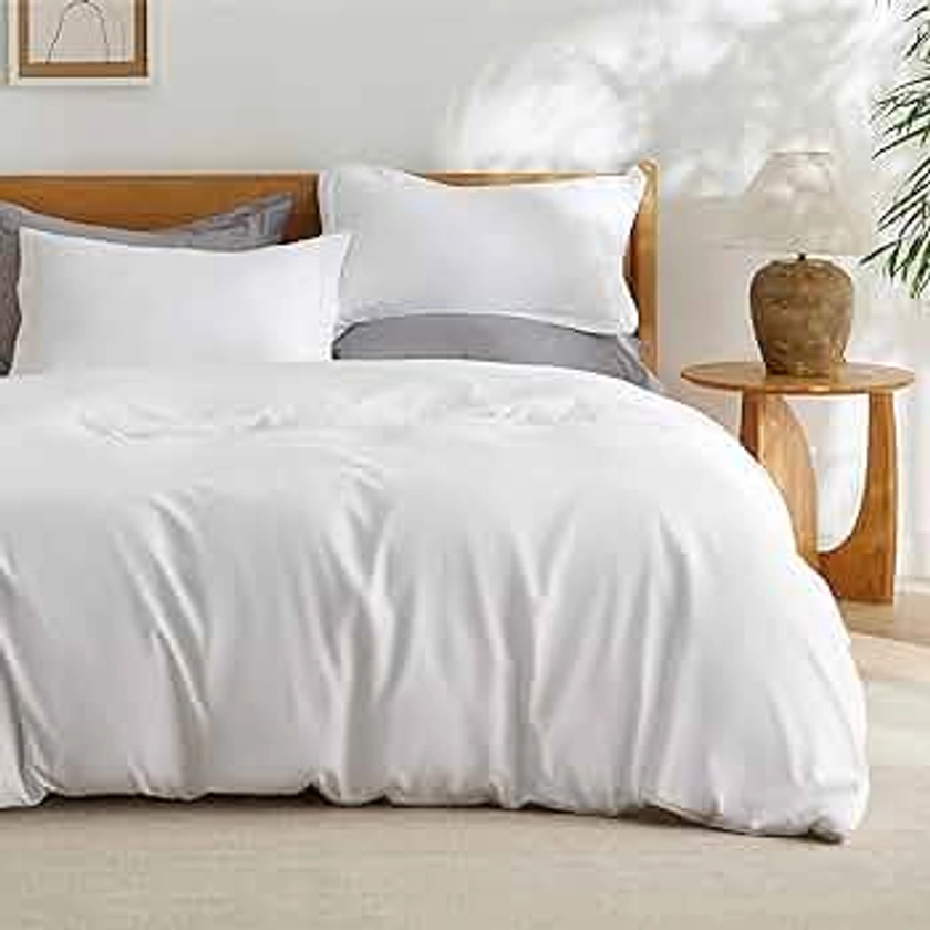 Bedsure Bright White Duvet Cover Queen Size - Soft Double Brushed Duvet Cover for Kids with Zipper Closure, 3 Pieces, Includes 1 Duvet Cover (90"x90") & 2 Pillow Shams, NO Comforter