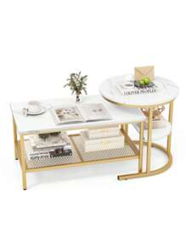 Gymax Nesting Coffee Table Set Of 2 Faux Marble Top Detachable W/ Storage Shelf