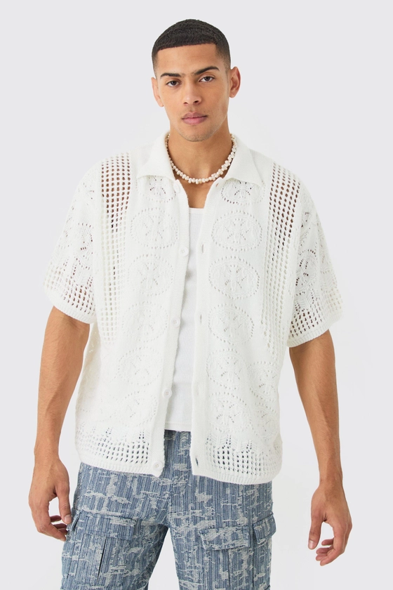 Oversized Boxy Open Stitch Detail Knitted Shirt In White | boohooMAN UK