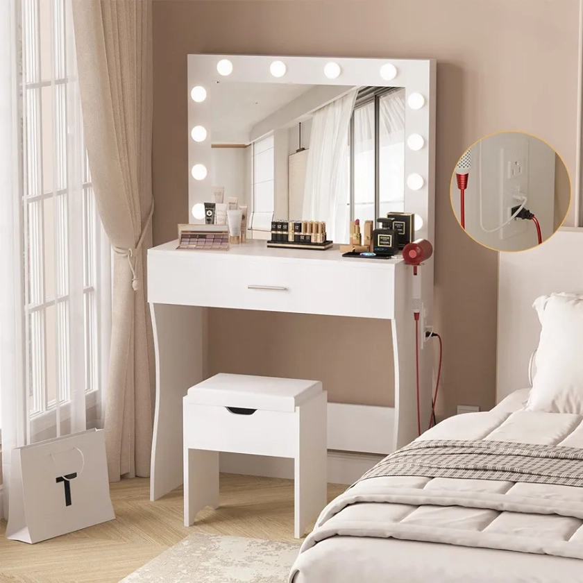 Titoni Vanity Table Set with Lighted Mirror - Makeup Vanity with Charging Station, Large Drawer Sturdy Wood Vanity with Lights, 3 Color Modes, Adjustable Brightness, White
