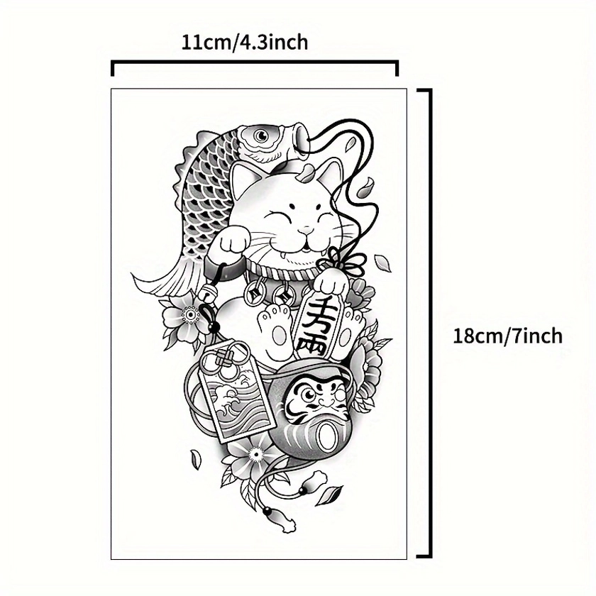 Lucky Cat, Japanese Tattoo Sticker, Waterproof And Long-lasting For One To Two Weeks, Non-reflective Tattoo Color For Men And Women's Arms And Thighs