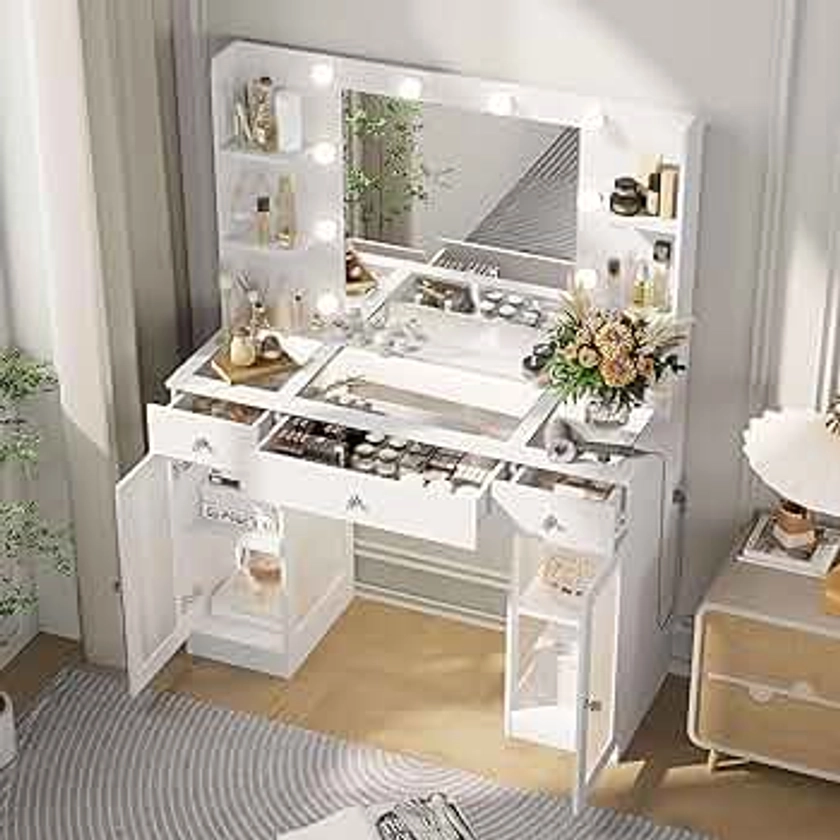 Makeup Vanity with Glass Top, White Vanity Desk with Mirror and Lights, Big Vanity with Drawers & Cabinets for Bedroom, Cute Vanity with Crystal Knobs & Power Outlet for Women, Girls