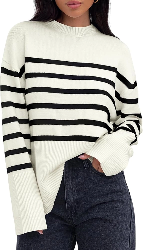 ZESICA Women's 2024 Fall Winter Striped Long Sleeve Crew Neck Ribbed Knit Side Slit Oversized Pullover Sweater Jumper Top