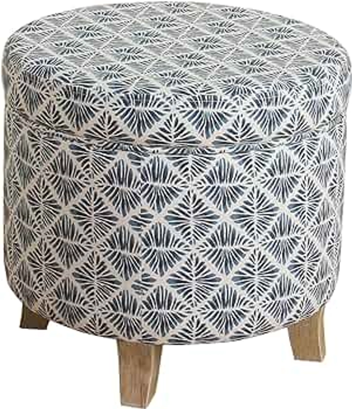 Homepop Home Decor | Upholstered Round Storage Ottoman | Ottoman with Storage for Living Room & Bedroom with Flared Legs, Navy Blue Geometric Pattern Large