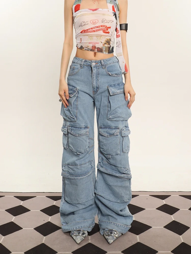 Zia Solid Color Denim High Waist Straight Leg Multi-Pocket Cargo Jeans Pants