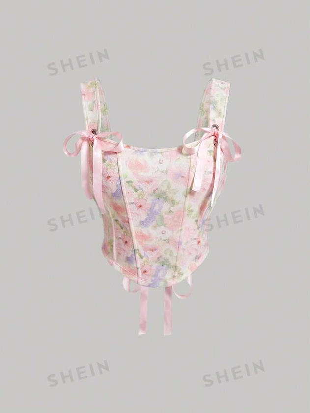 SHEIN MOD Pink Ombre Flower Print Corset With Fishbone Detail & Bow Tie Back Summer Tank Top