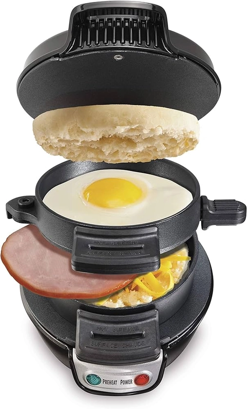 Hamilton Beach Breakfast Sandwich Maker with Egg Cooker Ring, Customize Ingredients, Perfect for English Muffins, Croissants, Mini Waffles, Perfect White Elephant Gifts, Black (25477)