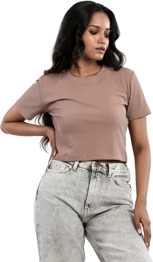 Buy NIVTI Women's Cotton Plain Round Neck Half Sleeve Crop Top (L, Light Brown) at Amazon.in
