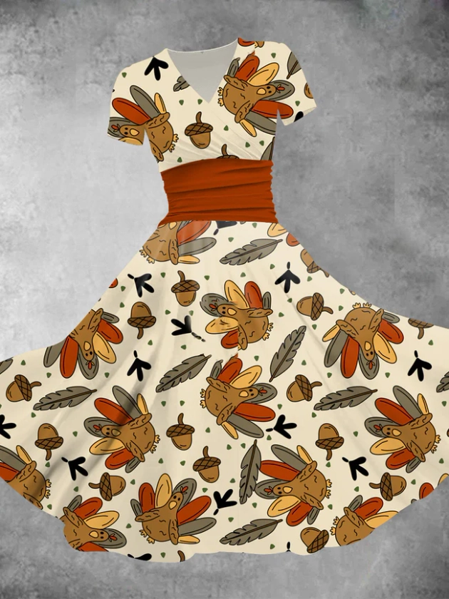 Women's Thanksgiving Turkey Print Maxi Dress