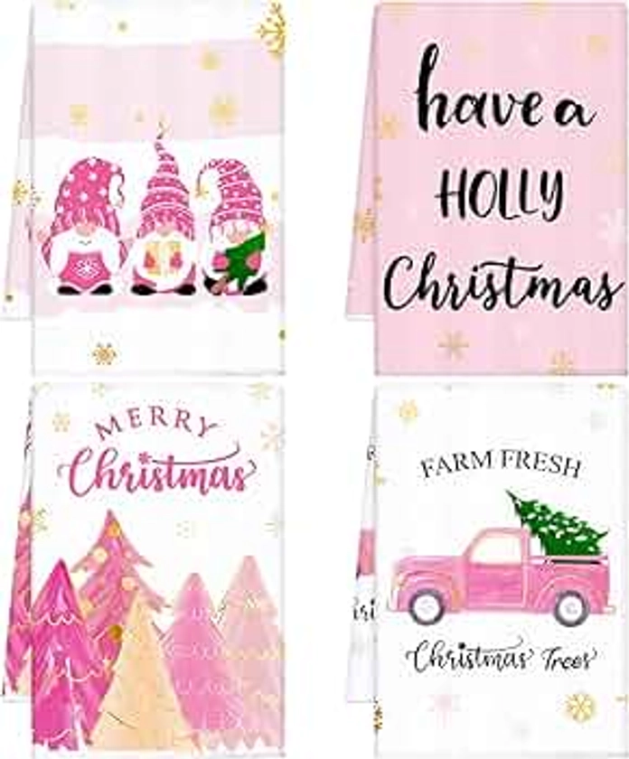 Sratte 4 Pcs Pink Christmas Kitchen Towels 16 x 24 Inch Snowflake Dish Towels Christmas Tree Gnome Hand Towels Farmhouse Pink White Tea Towels Absorbent Dishcloths for Home Xmas Bathroom Kitchen Decor