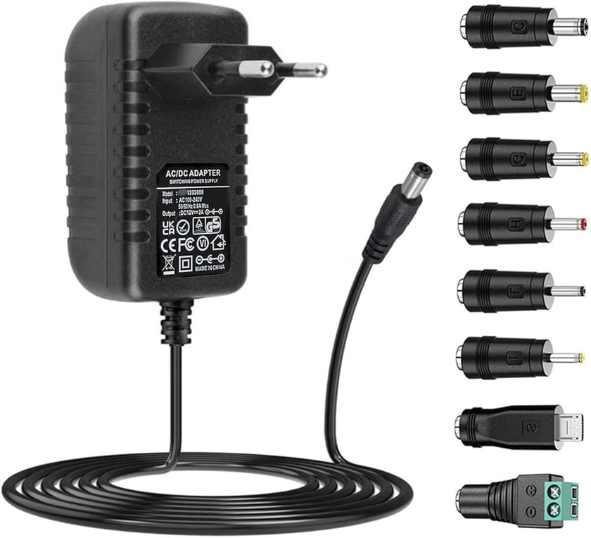 Adaptateur Secteur 12V 2A Alimentation AC220V 230V vers DC12V Pilote 5.5mm avec 8 adaptateurs de Prise 2000mA 1000mA 500mA convertisseur Chargeur AC-DC (~2A)