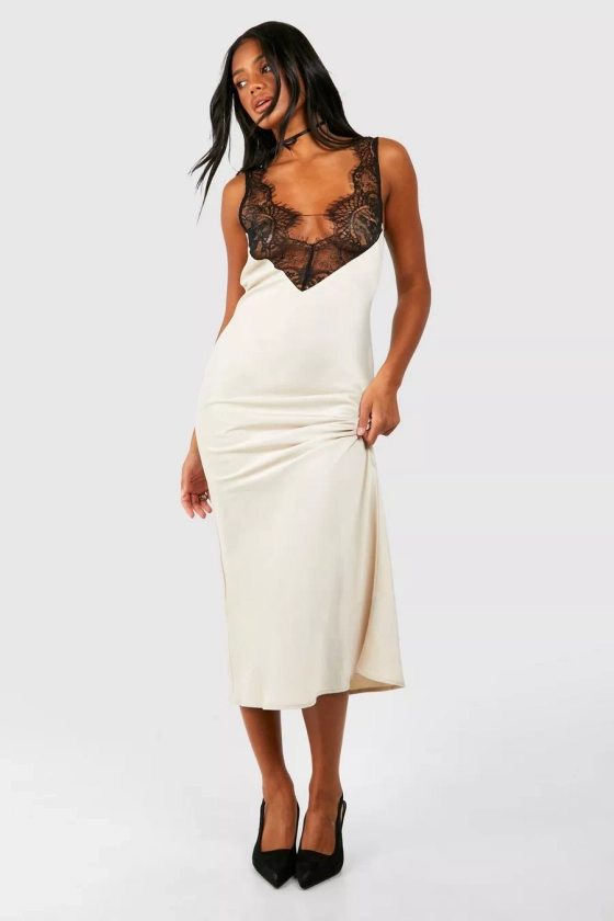 Satin Lace Trim Midi Slip Dress