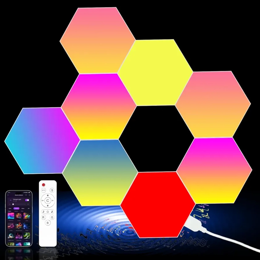 Hexagon Lights, Hexagon LED Gaming Lights Panels with Smart App Remote Control & Music Sync, Infinitely Splicing Cool RGB Wall Lights Hexagon for Living Room, Bedroom,Gaming Room(8pack)