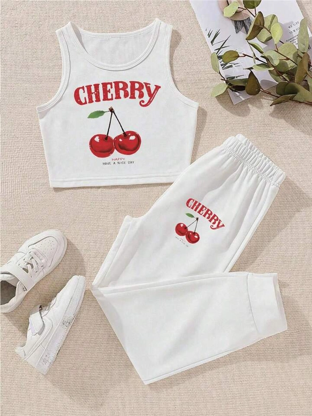 Tween Girls Casual Cherry Letter Print Round Neck Camisole & Pants 2-Piece Set, Summer