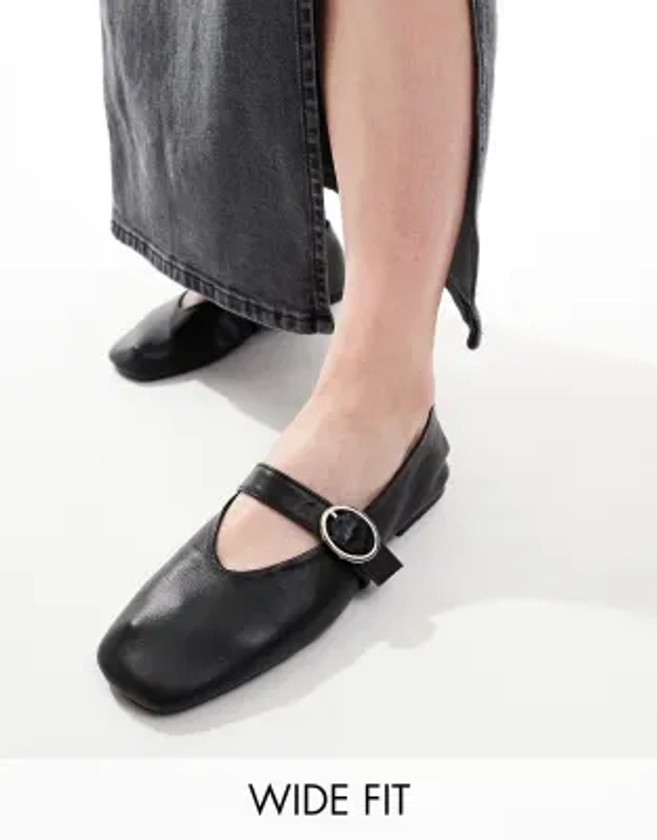 ASOS DESIGN Wide Fit Luxe Premium Leather Mary Jane ballet in Black