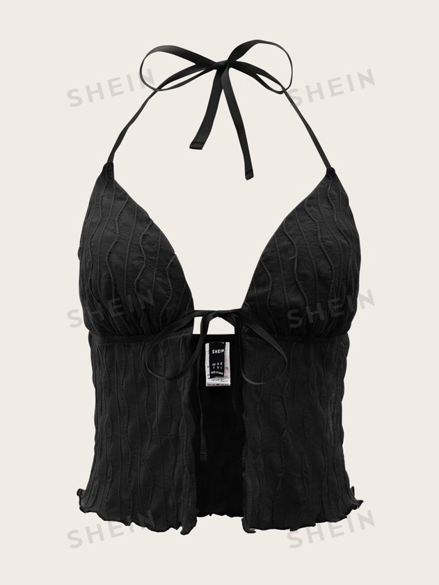 SHEIN ICON Lettuce Trim Tie Front Textured Backless Halter Y2k Black Top | SHEIN UK