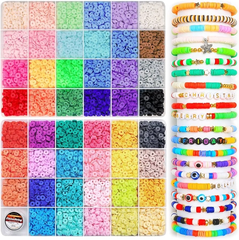 Bundooraking Polymer Clay Beads,6000+pcs Multicolor for Jewelry Making, Heishi Beads, Elastic Strings, Clay Beads for Bracelets Making - Perfect Crafts Gift Set.