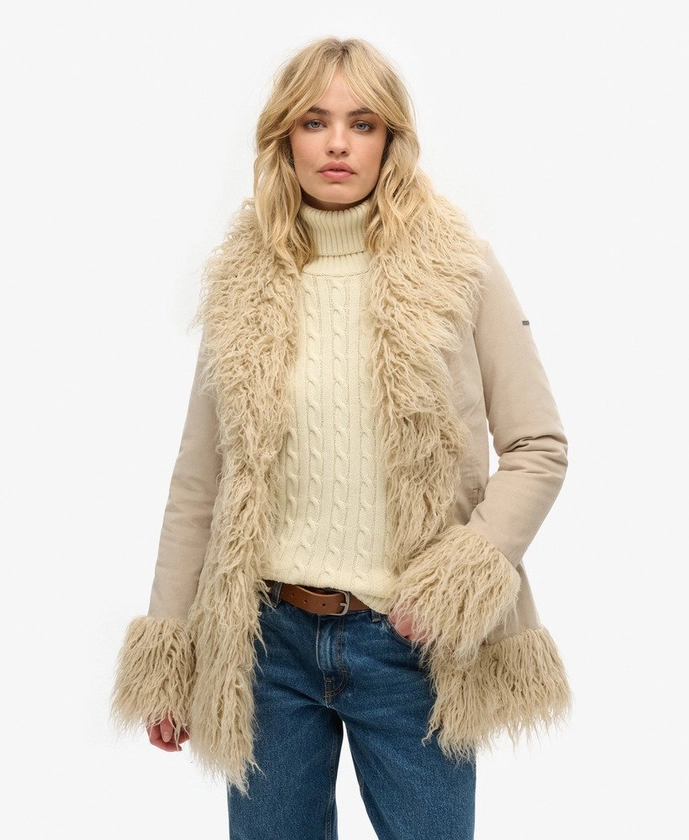 Womens - Faux Fur Lined Afghan Coat in Stone Wash Taupe Brown | Superdry UK