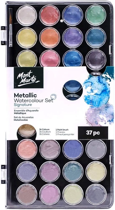 Mont Marte Signature Metallic Watercolor Set, 37 Piece Pearl Paint, 36 Vibrant Colors, 1 Paint Brush