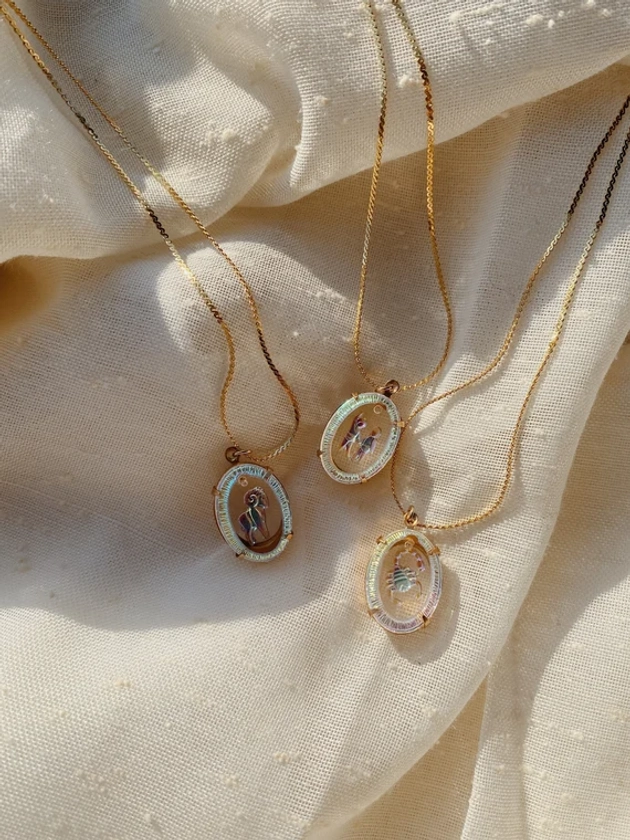 Vintage Oval Iridescent Zodiac Necklaces