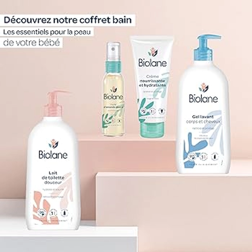 BIOLANE - Kit Bain & toillette - Bébé - Gel douche, Lait de toilette, Crème hydratante, Huile d'amande douce - Pour les peaux sensibles - Fabriqués en France