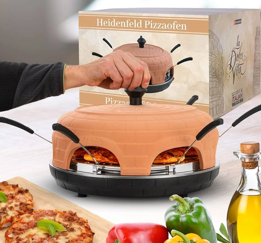 Heidenfeld Pizzachef - Place pour 6 personnes - Four à pizza électrique - 1000 Watt - Four à raclette avec toit en terre cuite - Incluse Pizzamaker avec spatules à pizza