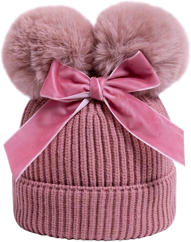 YATEEN Infant Toddler Baby Knitting Woolen Hat Winter Warm Double Pompom Beanie Cap with Bow