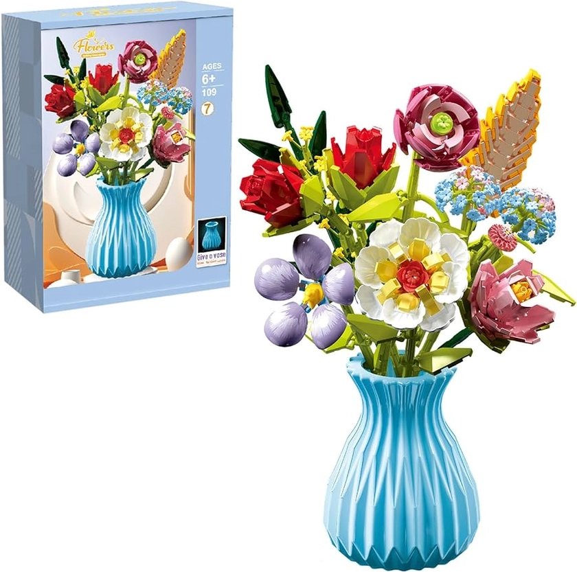 Mini Bricks Flower Bouquet Building Sets,Artificial Flowers with Vase,Mother's Day DIY Unique Decoration Home,Botanical Collection and Table Art,for Adults for Ages 6-12 yrs Old Girl for Gift (691PCS)