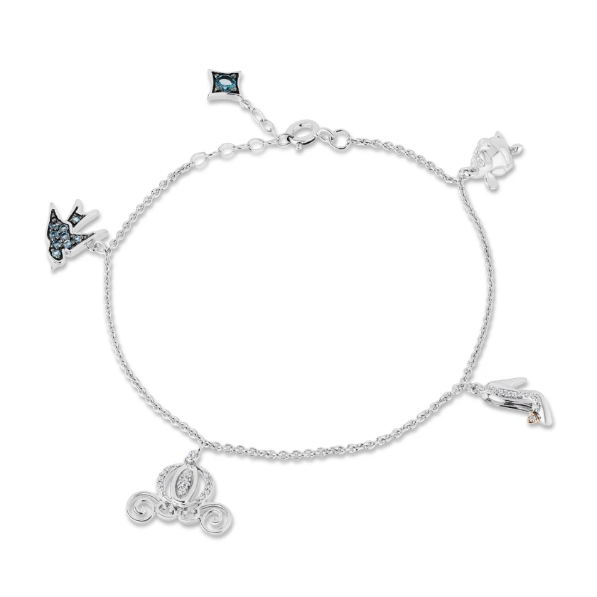 Enchanted Disney Fine Jewelry Sterling Silver and 10K Rose Gold with 1/10 CTTW Diamonds and London Blue Topaz Cinderella Charm Bracelet