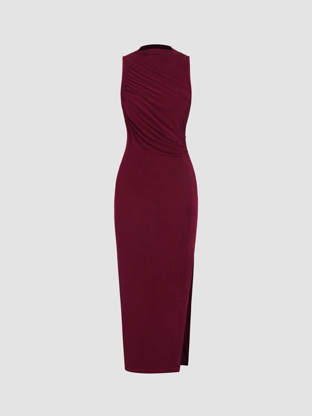 Jersey High Neck Sleeveless Solid Split Maxi Dress