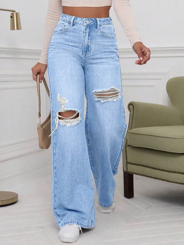 SHEIN EZwear Washed Denim Blue High Waist Ripped Wide Leg Jeans