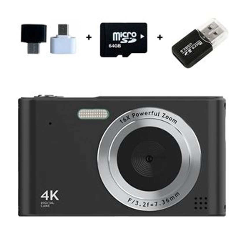 Appareil photo numérique LINFE 64G CCD kids avec zoom 16x Écran 2,4 pouces, qualité HD, résolution 4K Appareil photo numérique - Noir