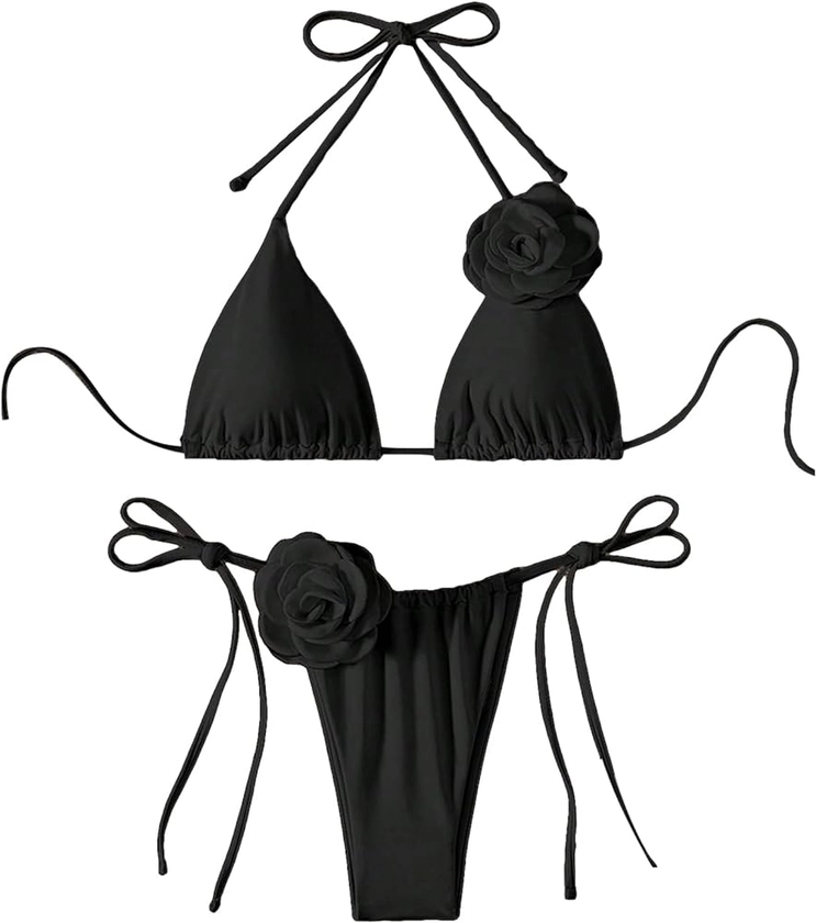 OYOANGLE Women's Bikini Set 2 Piece Floral Appliques Tie Backless Halter Triangle Swimsuit Tie Side Bathing Suits