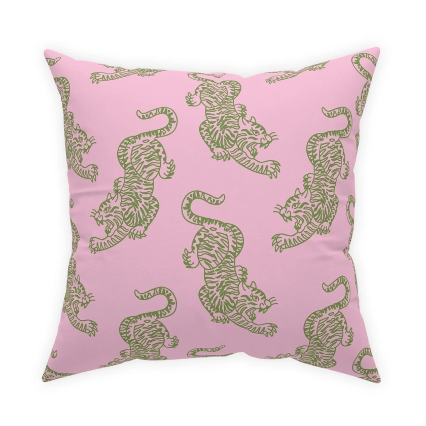 Green Roaring Tigers on Light Pink Pillow | Dorm Decor for College Girls | Home and Apartment Decor | Throw Pillows for Couch