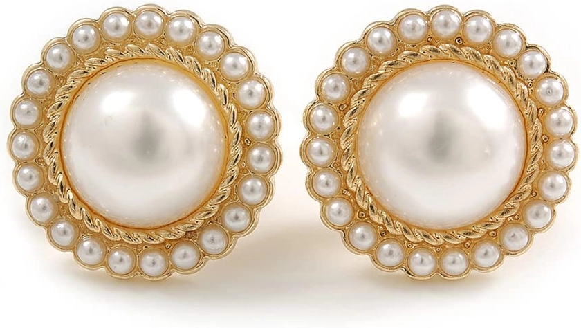 Avalaya Boucles d'oreilles à clip style rétro avec fausses perles blanches Doré 20 mm, Perle Métal Pierre précieuse