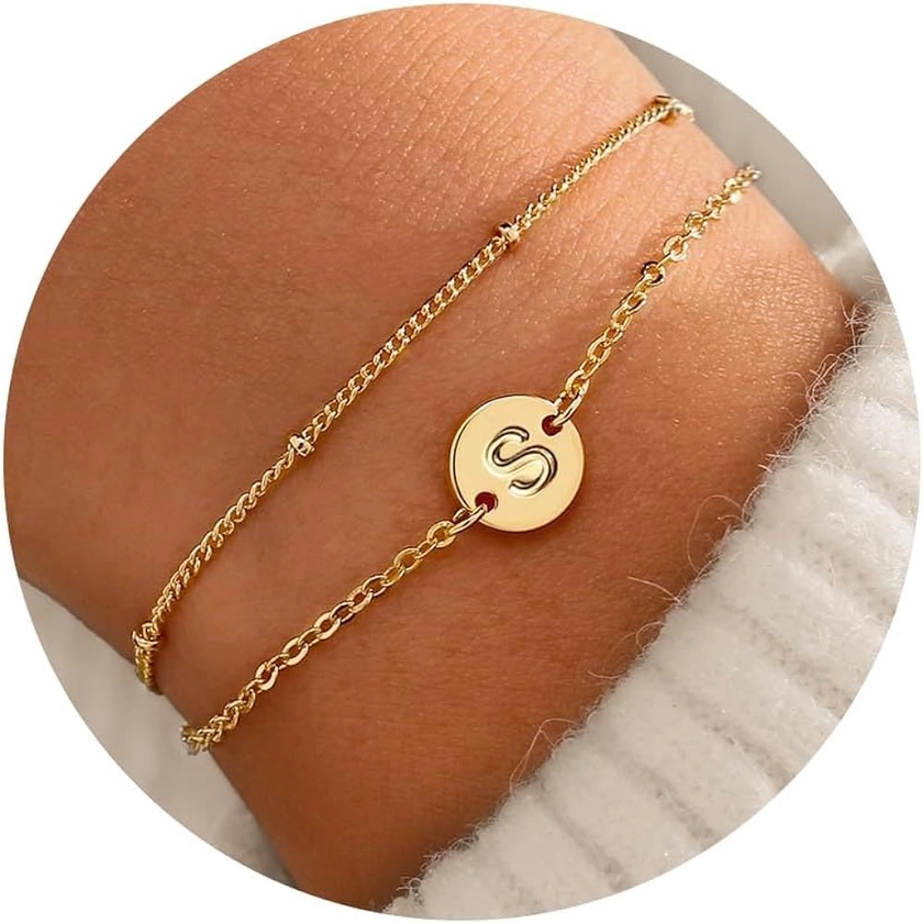 Amazon.com: MONOZO Gold Bracelets for Women Jewelry Gifts Trenty - 18K Real Gold Plated Letter Initial Bracelet Dainty Disc Letter S Initial Bracelets for Women Gold Initial Bracelets for Women Gifts : Clothing, Shoes & Jewelry