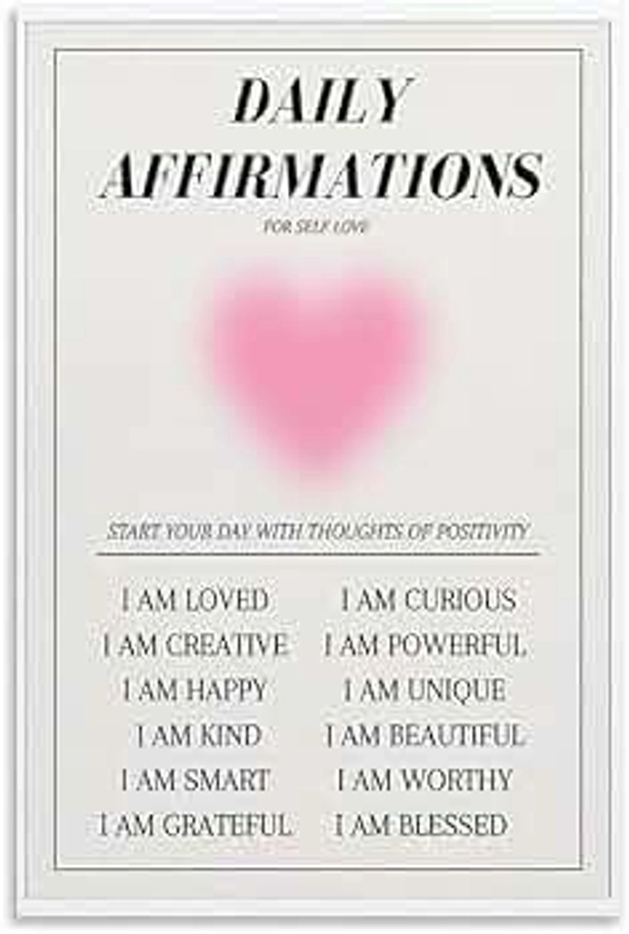 Daily Affirmations Aura Motivational Modern Canvas Wall Art，danish Trendy Pastel Minimalist Heart Shape Prints Painting Posters，cute Pink Girl Room Bedroom Wall Art Decor Aesthetic 12x16in Unframed