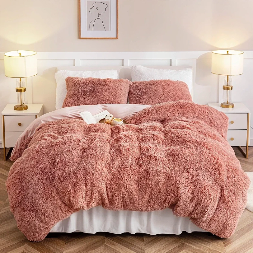 Dreamcountry Plush Fluffy Duvet Cover Oeko-TEX Certified Luxury Ultra Soft Shaggy Crystal Velvet Bedding Comforter Set 3 Pieces(1 Duvet Cover + 2 Pillow Shams) Zipper Closure(King, Pink)