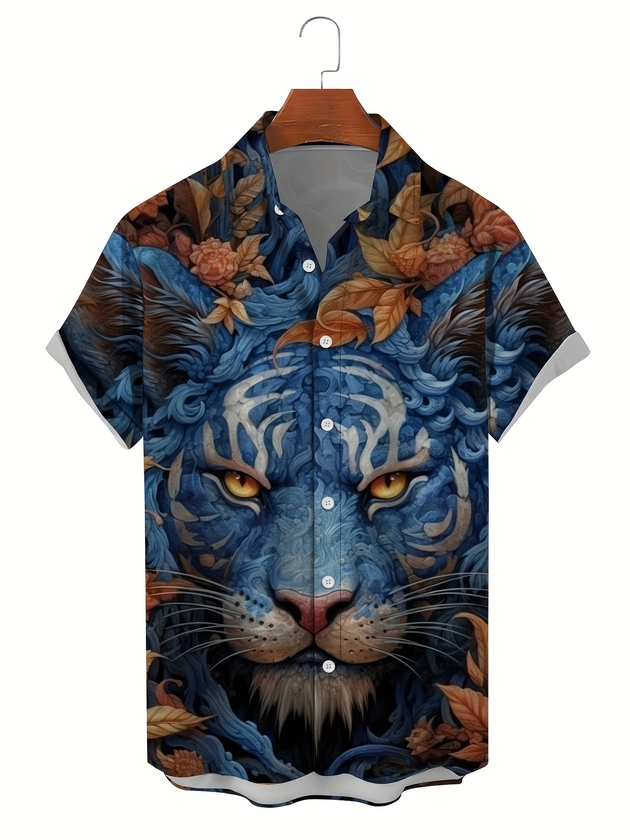 Plus Size 3D Cartoon Lion Graphic Print, Men&#39;s Short Sleeve Shirt, Male Casual Top Clothing For Daily Activities