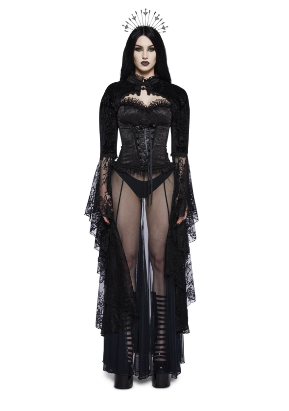 Widow Brocade Velvet Lace Sleeve Shrug - Black