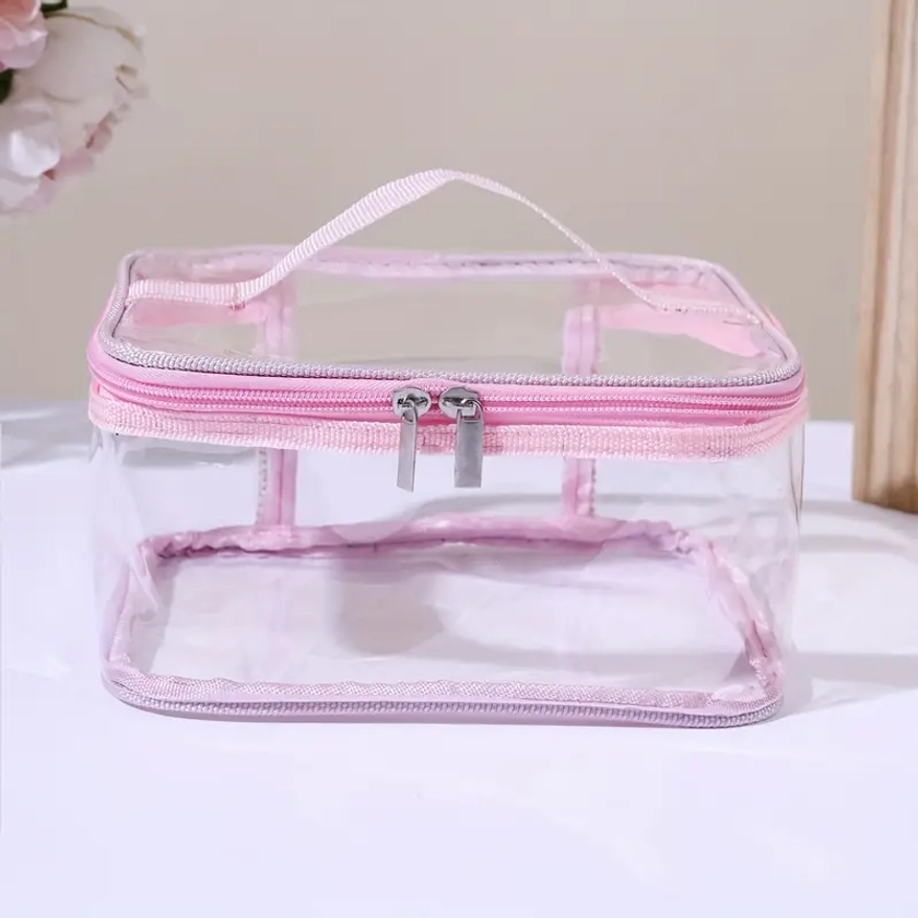 1pc Portable Transparent Cosmetic Bag, Waterproof Makeup Tool Bag, Large Capacity Toiletry Bag With Handle