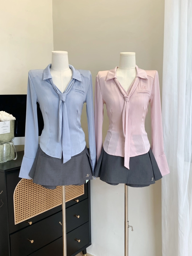 Camisa de cintura lisa de seda satinada para mujer, Top de manga larga con lazo, Top versátil azul y rosa, nuevo diseño