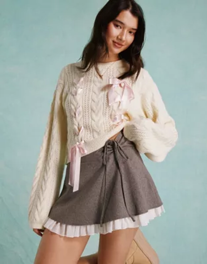 Miss Selfridge tailored ruffle hem mini skirt in grey | ASOS