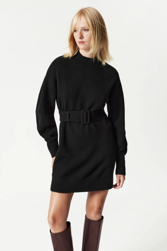 Belted Mini Knit Dress - Turtleneck - Long sleeve - Black - Ladies | H&M GB