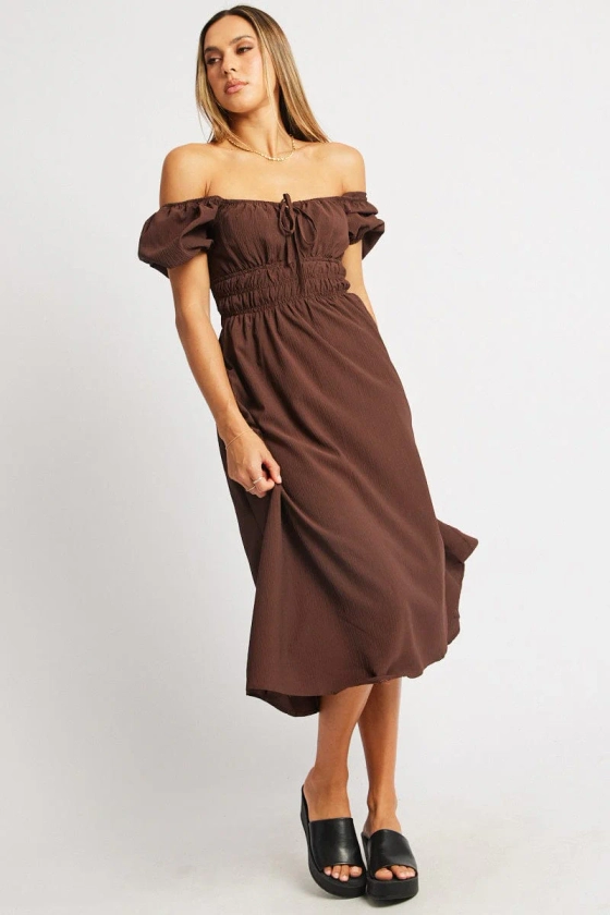 Brown Midi Dress Short Sleeve Ruched Bust