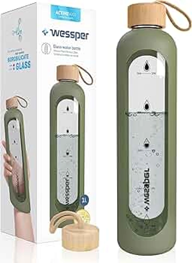 Wessper Bouteille d’eau 1L de Motivation en verre avec temps horaire, Sans BPA, Gourde en verre hermétique 1000 ml avec couvercle en bambou réutilisable avec housse en silicone – Olive